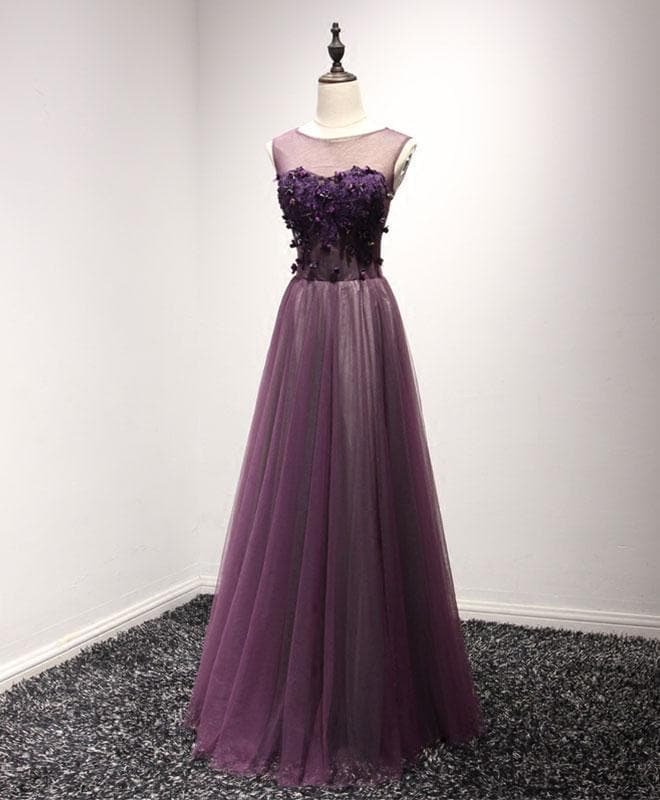 Purple Tulle Lace Round Neck Long Prom Dress, Purple Evening Dress