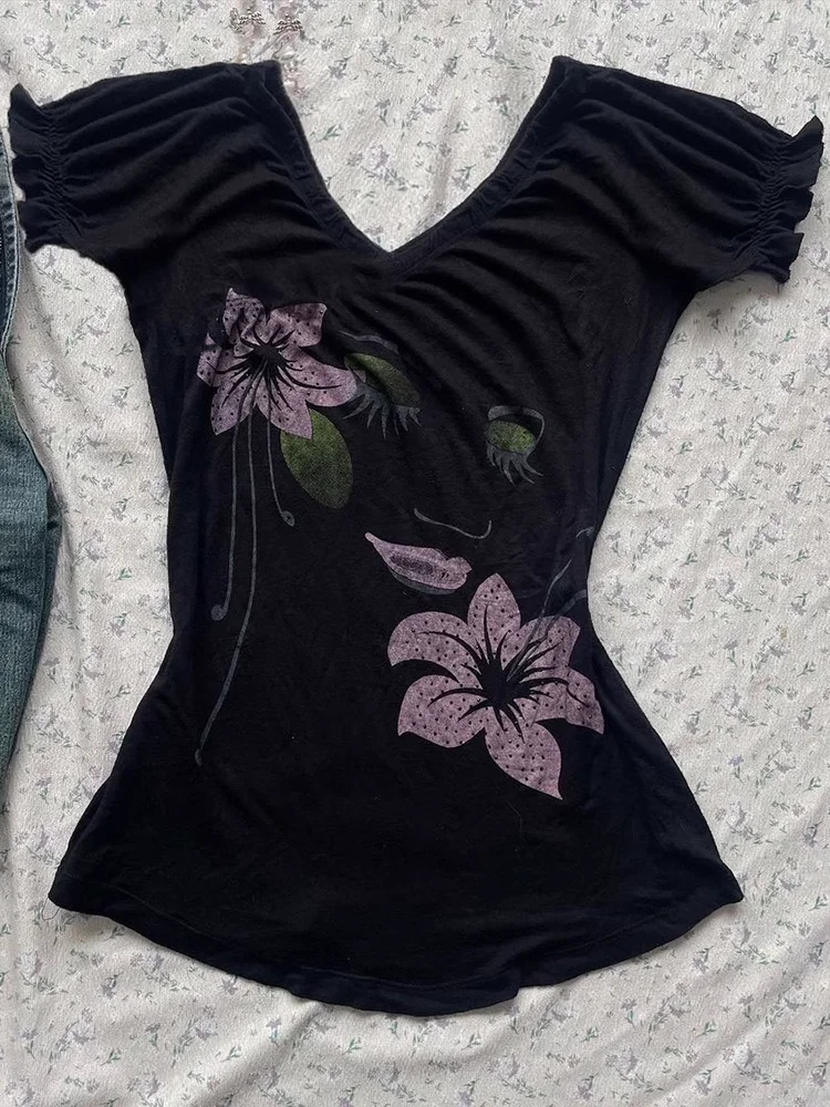 Aonga Vintage Punk Sexy T Shirt Women Clothes 90S Summer Flower Off Shoulder Gothic Casual Slim Tees Girl Crop Femme T shirts Y2k Tops aonga