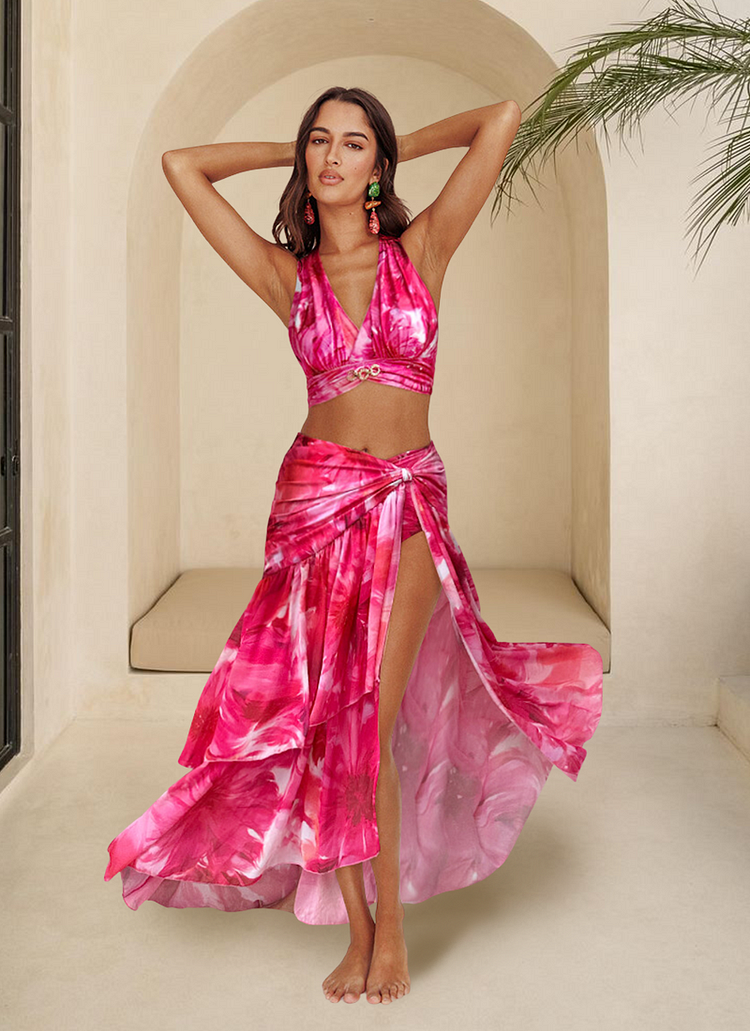 Floral Printed Halter Bikini Swimsuit and Skirt 