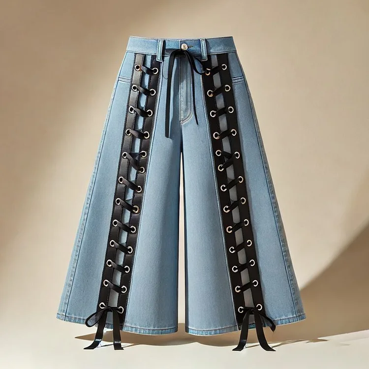 Ursime Denim High Rise Lace Up Wide Leg Jeans