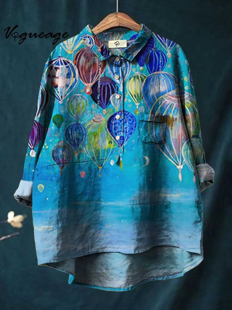 Colorful Hot Air Balloon Printed Cotton And Linen Shirt