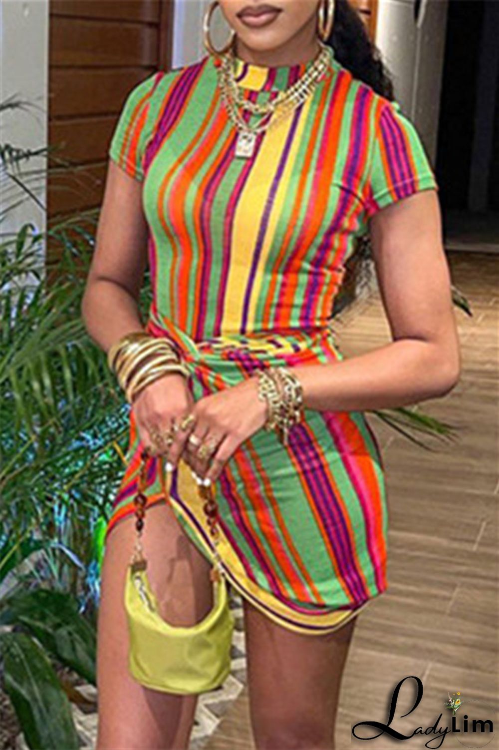 Orange Fashion Casual Striped Print Split Joint Half A Turtleneck Short Sleeve Dress