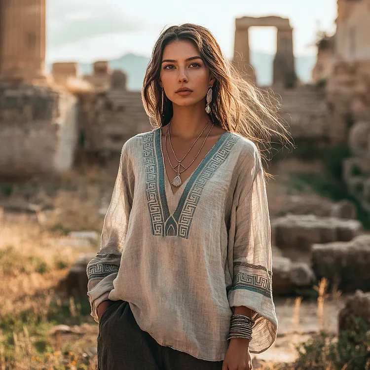 Vintage Greek Key Graphics V-neck Linen Blend T-shirt