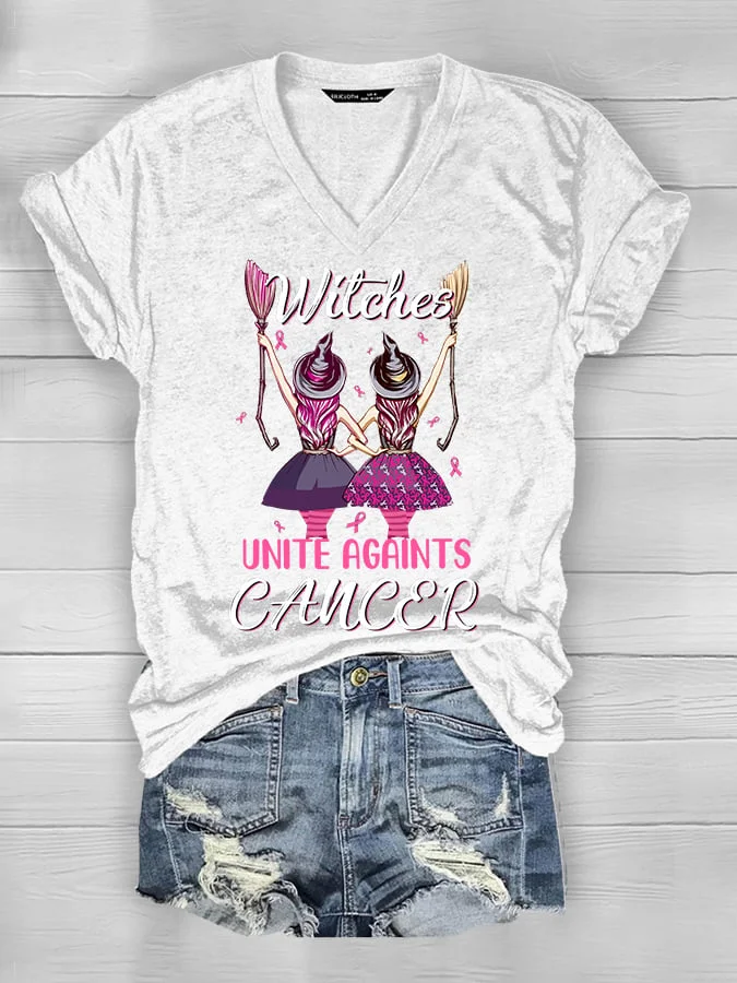 Women's Witches Unite Against Cancer Breast Cancer Awareness V-Neck Tee socialshop