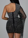 Sexy One-Shoulder Mesh Beaded Decorate Slim Mini Dress