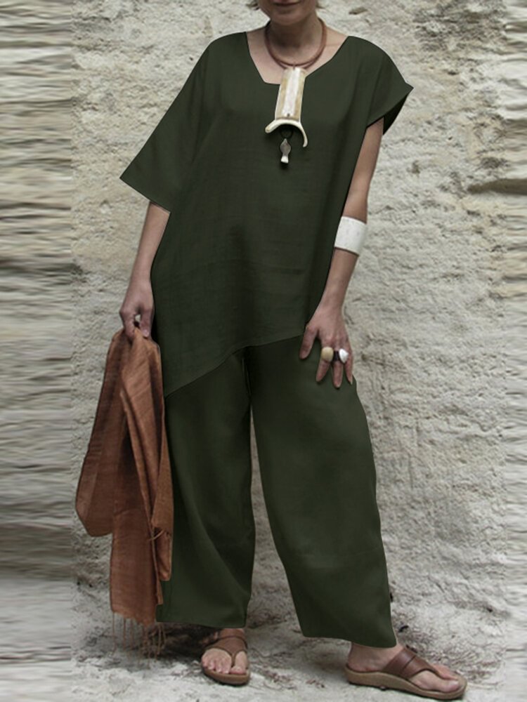 Solid Asymmetrical Short Sleeve Crew Neck Two Pieces Suit - Shop Trendy Women's Clothing | LoverChic