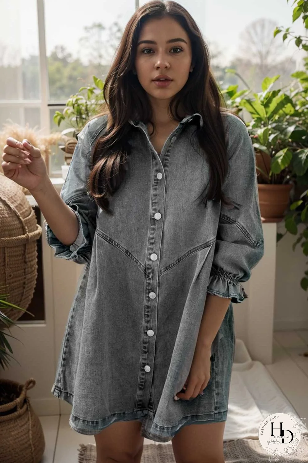 down loose short sleeve denim jean dress drop shoulder a line paneled peasant closed bateau v neck dress