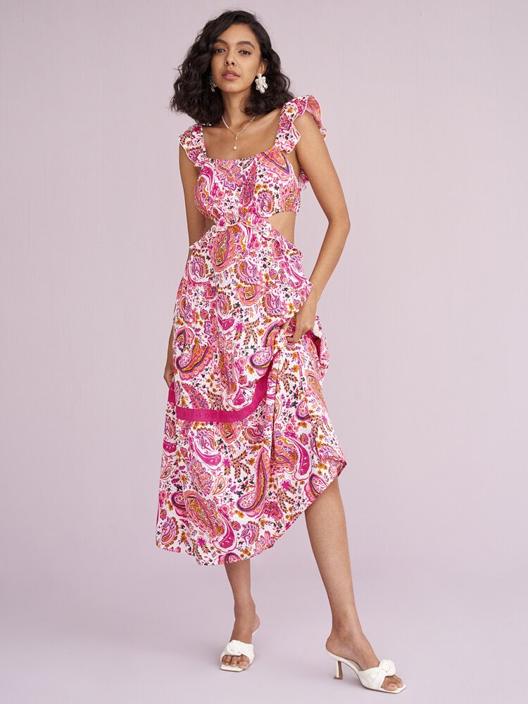 Selfsow Paisley Floral Print Cut Out Ruffle Cap Sleeve Dress