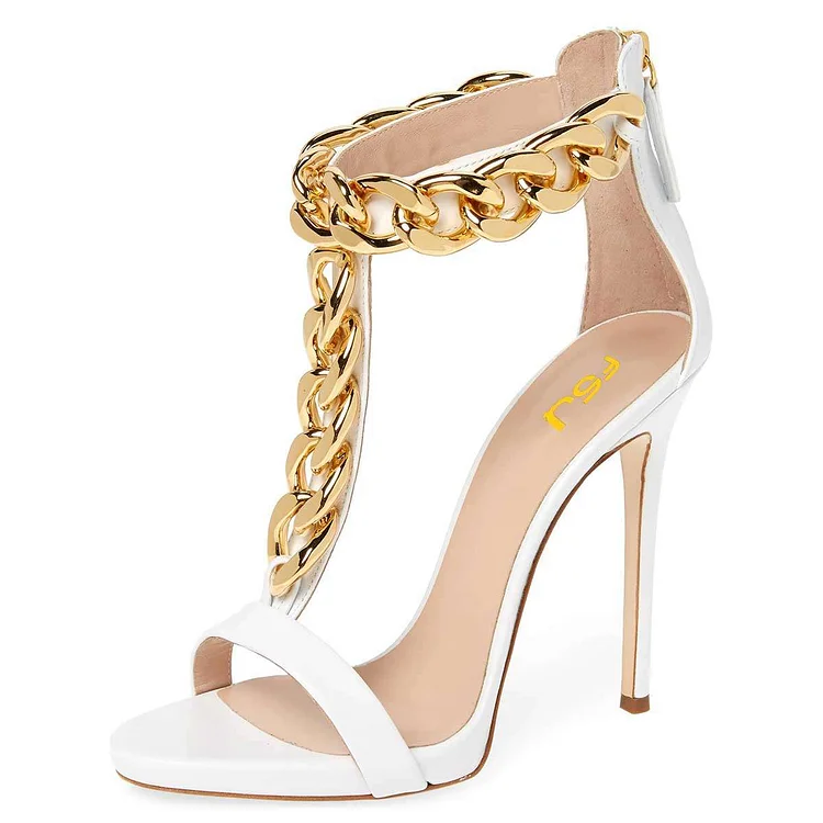 White T-Strap Heels Open Toe Chain Embellished Stiletto Sandals |FSJ Shoes