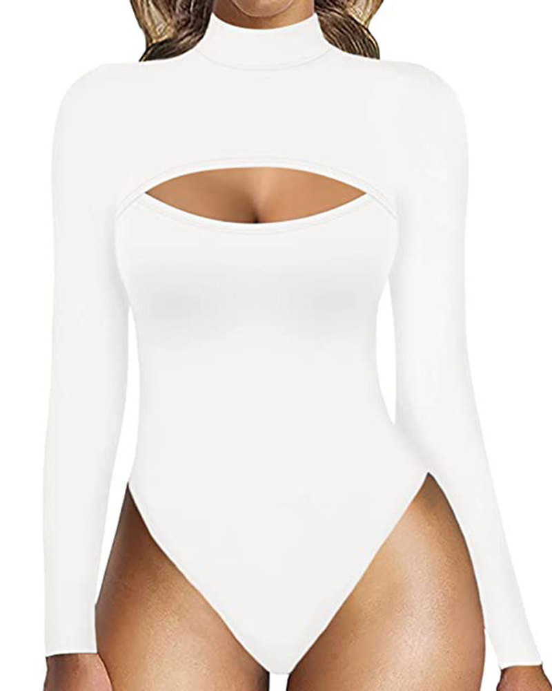 High-Neck Openwork Design Slim-Fitting Long-Sleeved Bodysuit