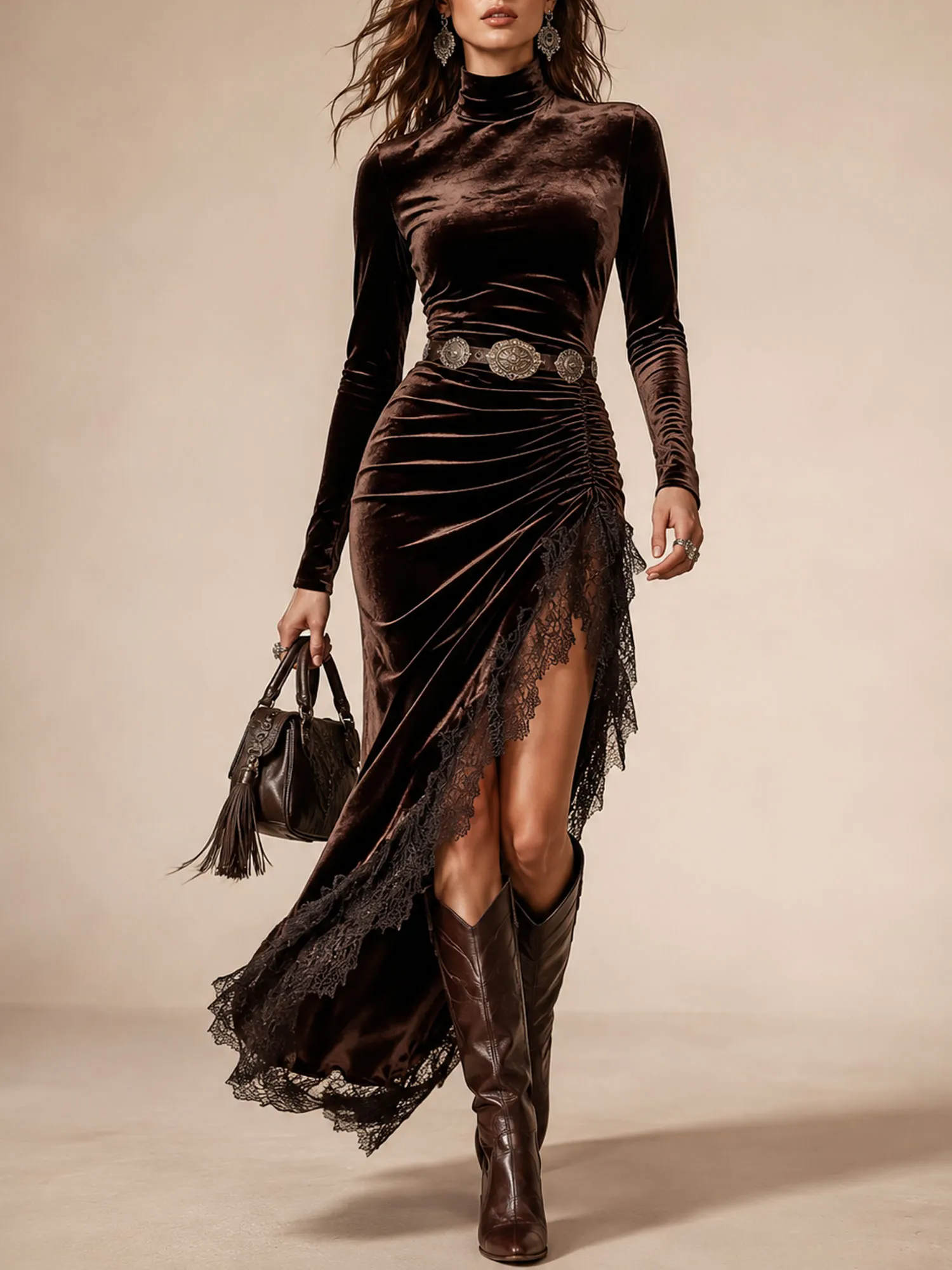 Great for Modern Western Romantic Dates &mdash; 2026 Spring/Autumn Women's Vintage Wine-Brown Lace Slim Velvet Maxi Dress（No Belt）