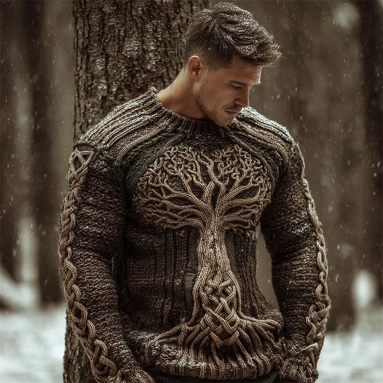 Vintage Nordic Myth Tree Of Life Men's Chunky Knit Crewneck Sweater