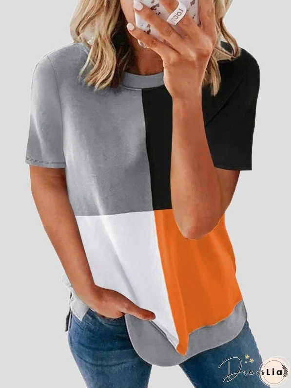 T-Shirts Casual Color Matching Round Neck Short Sleeve T-Shirt for Women