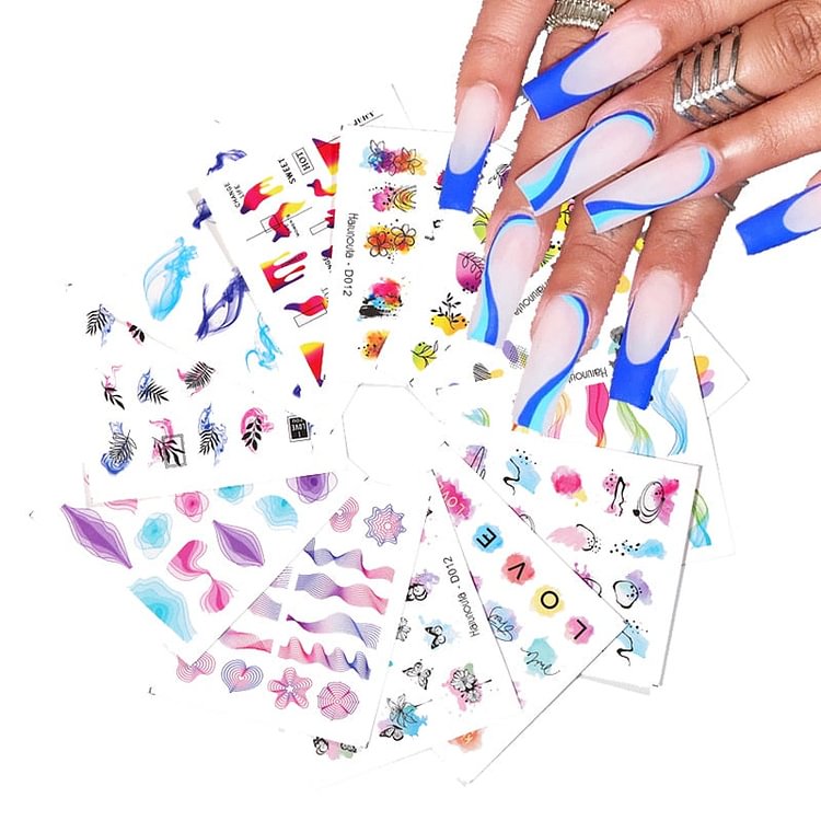 Harunouta 12Pcs Gradient Geometry Line Water Decals Set Pink Blue Colorful Whirlpool Wave Stickers Sliders Nail Art Decorations