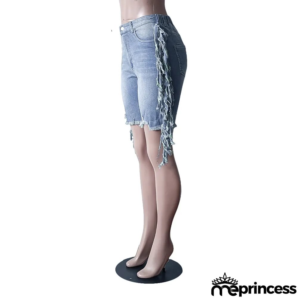 Summer Denim Stretch Pants Tassel Denim Stretch Knee-Length Shorts