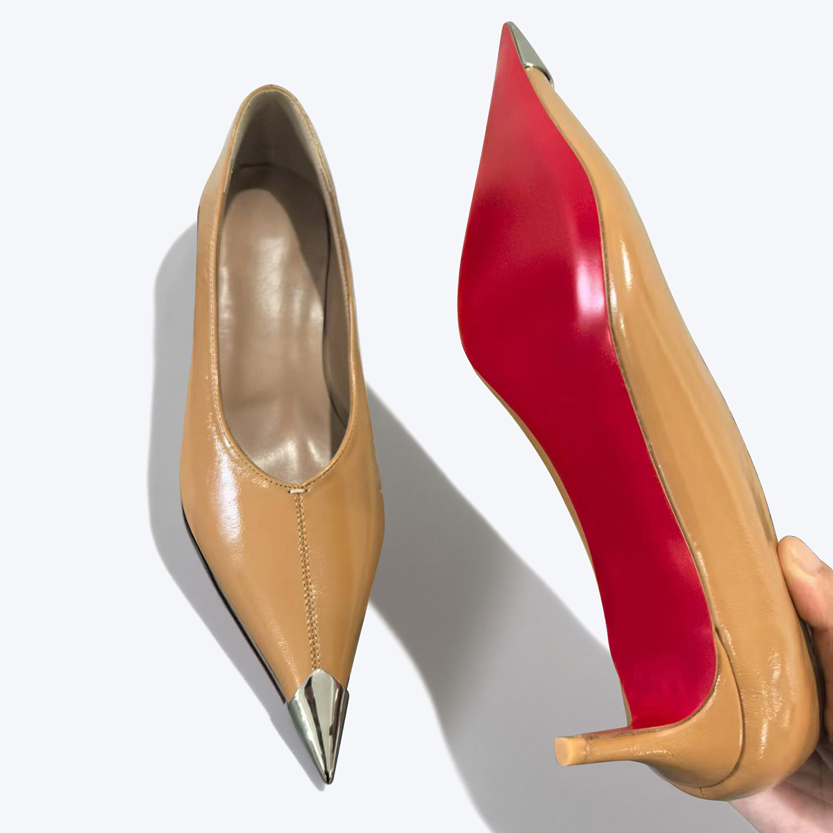 50mm Women's Kitten Heel Metal Pointed Toe High Heels Red Bottom Shoes Genuine Leather -MERUMOTE