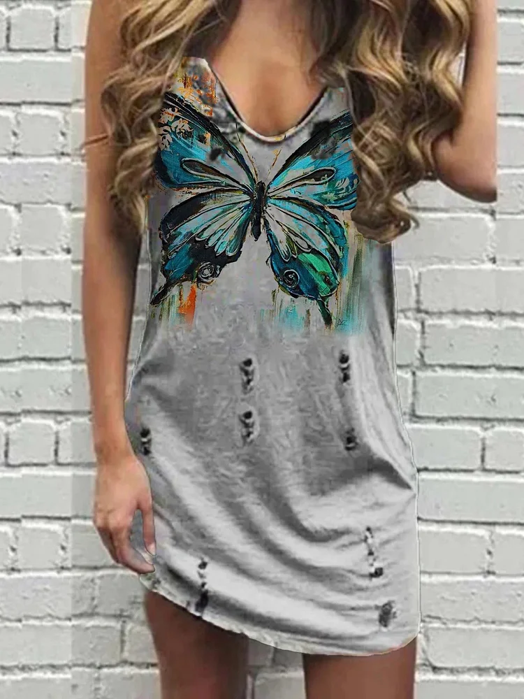 Casual Sleeveless Straight Print Mini Dress