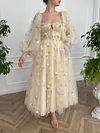 Cream French Chiffon Ball Gown Puff Lantern Sleeve Tulle A Line Prom Dress Yellow Flower Floral Print Embroidery Sweetheart Corset Boho Robe
