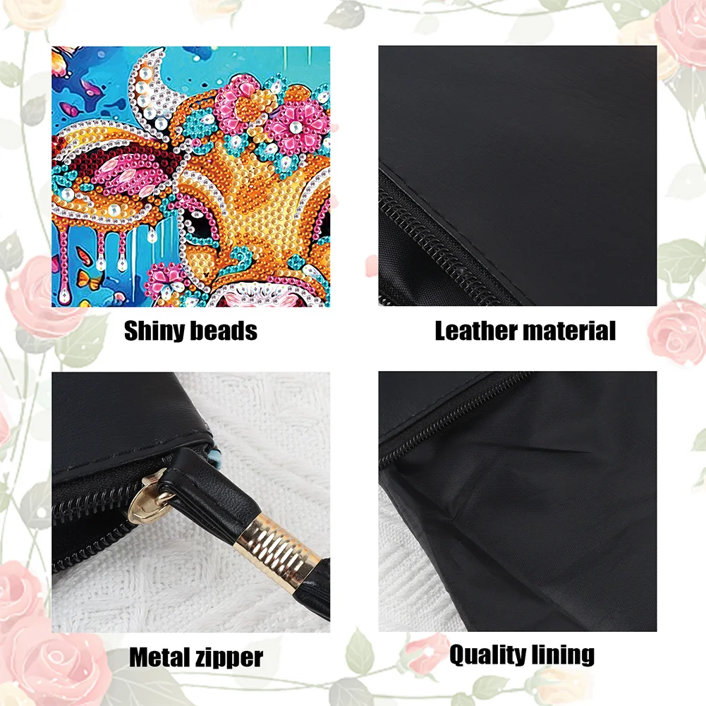DIY Flowers Cow PU Partial Special Shaped Diamond Painting Wallet Makeup Bag