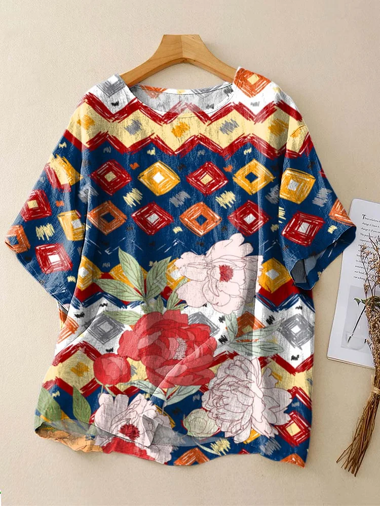 Women's Geometric Floral Pattern Art Print Casual Cotton Linen Crew Neck Shirt