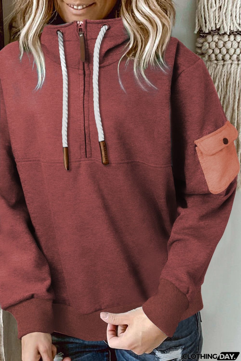 Half Zip Colorblock Pocket Patchwork Long Sleeve Hoodie