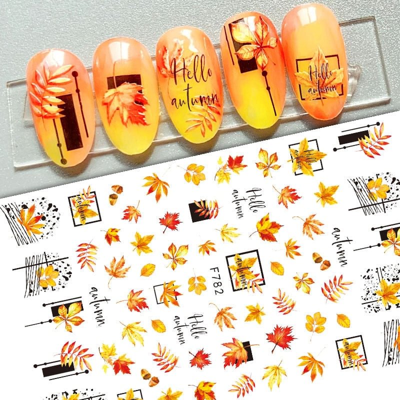 1Sheet Autumn Maple Leaf Nail Art Stickers 3D Gold Fall Design Polish Decals Line Adhesive Sliders Nails Decoration Manicure