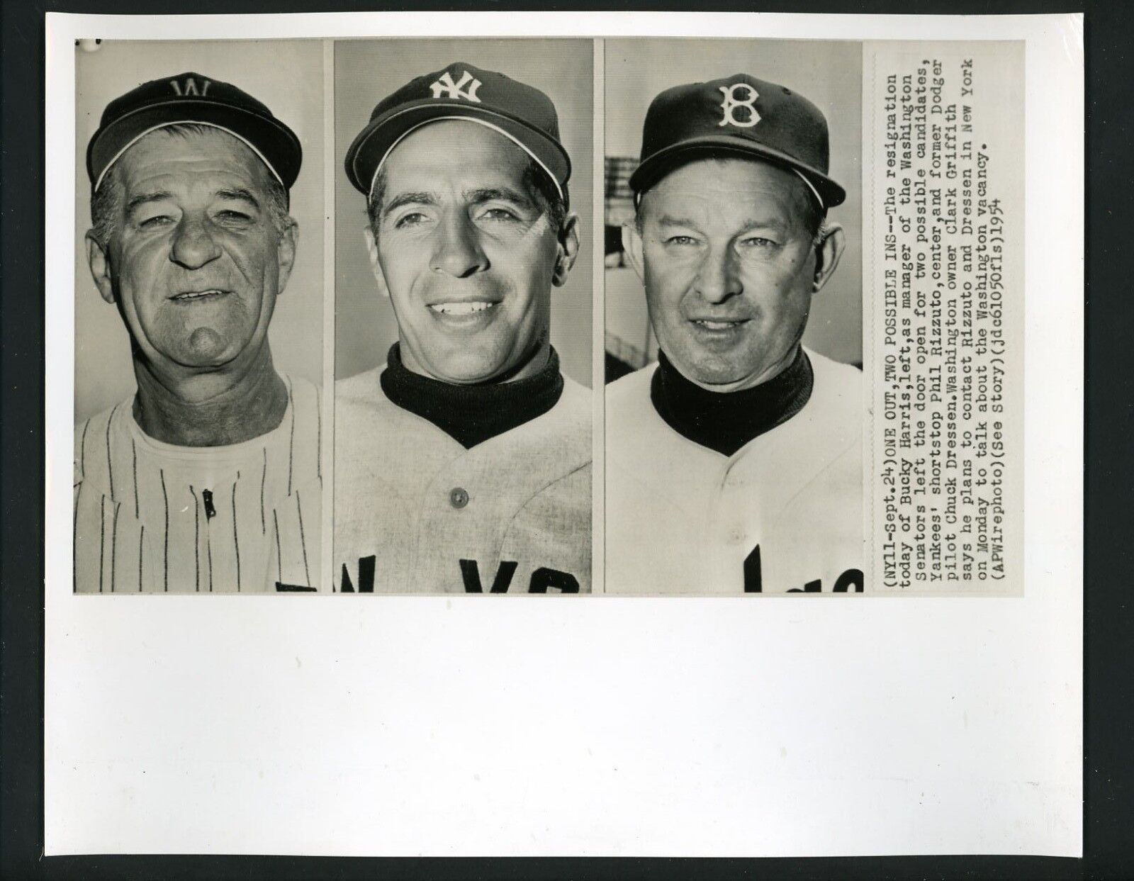 Chuck Dressen Phil Rizzuto Bucky Harris 1954 Pres Photo Poster painting Brooklyn Dodgers Yankees