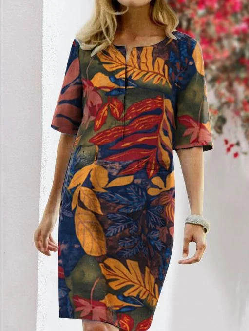 Floral Split Crew Neck Half Sleeve Vintage Dress