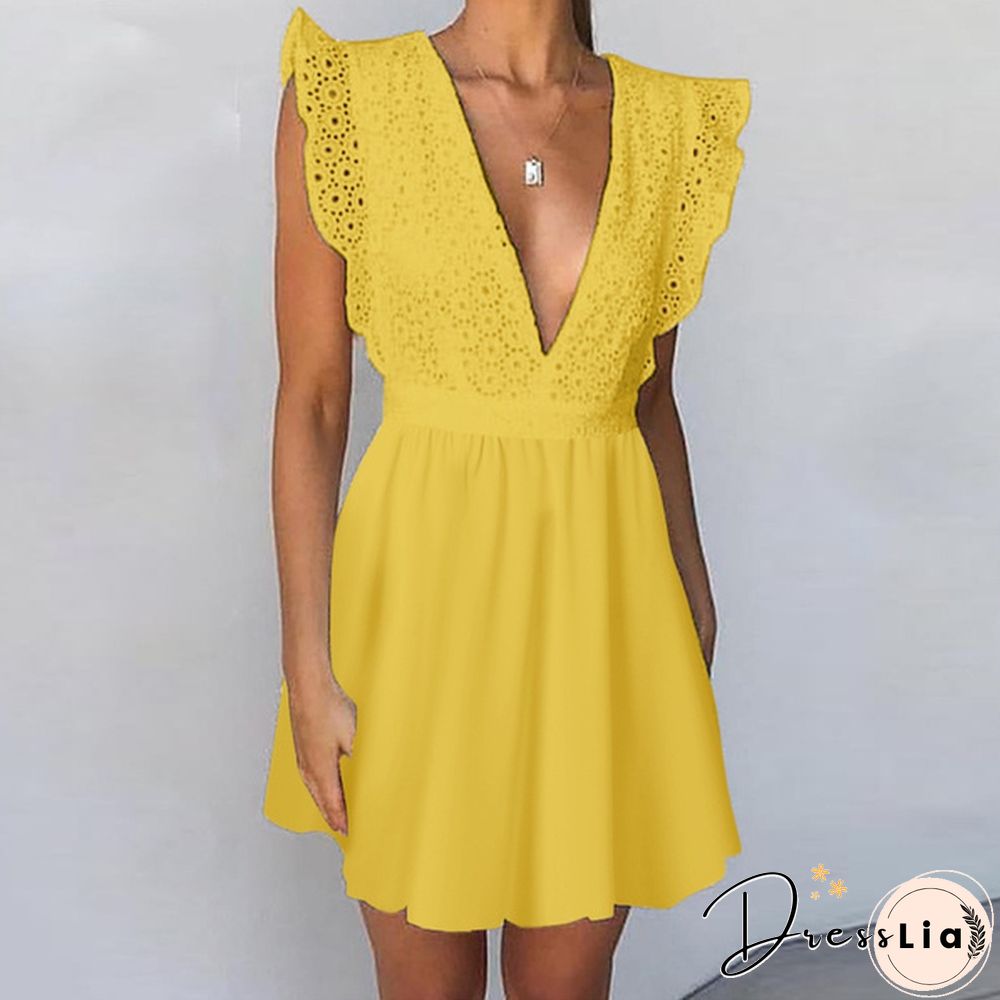 Summer Women Sleeveless Tank Dress Lace Stitching V-neck Ruffle Party Casual Solid Mini Dress Vestidos