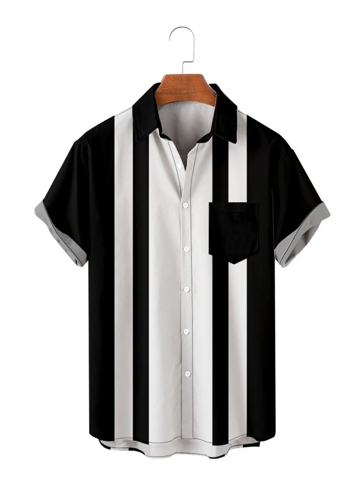 Summer Short-sleeved Shirt Fashion Splicing Color Stripes Simple Comfortable Men's Black and White Shirt
