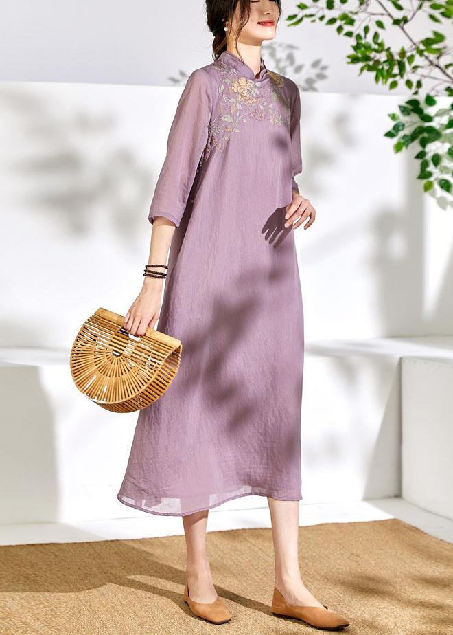 VCSHOES light purple linen Wardrobes stand collar embroidery Maxi  Dresses