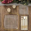 10 Pack | 7" Clear with Gold Rim Square Plastic Dessert Party Plates, Disposable Appetizer Salad Plates
