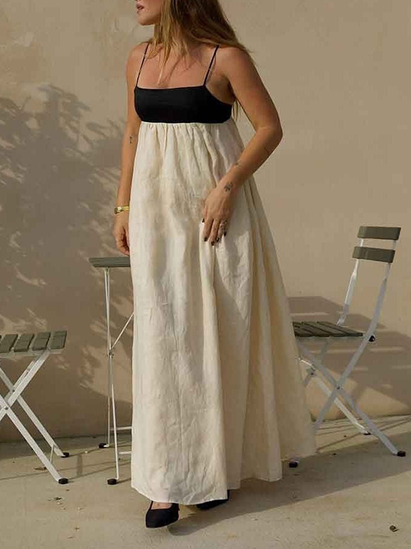 A-Line Loose Contrast Color Pleated Split-Joint Spaghetti-Neck Maxi Dresses