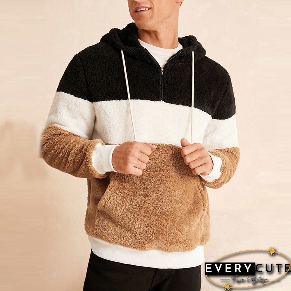 Mens Fleece Patchwork Casual Fluffy Hoodie