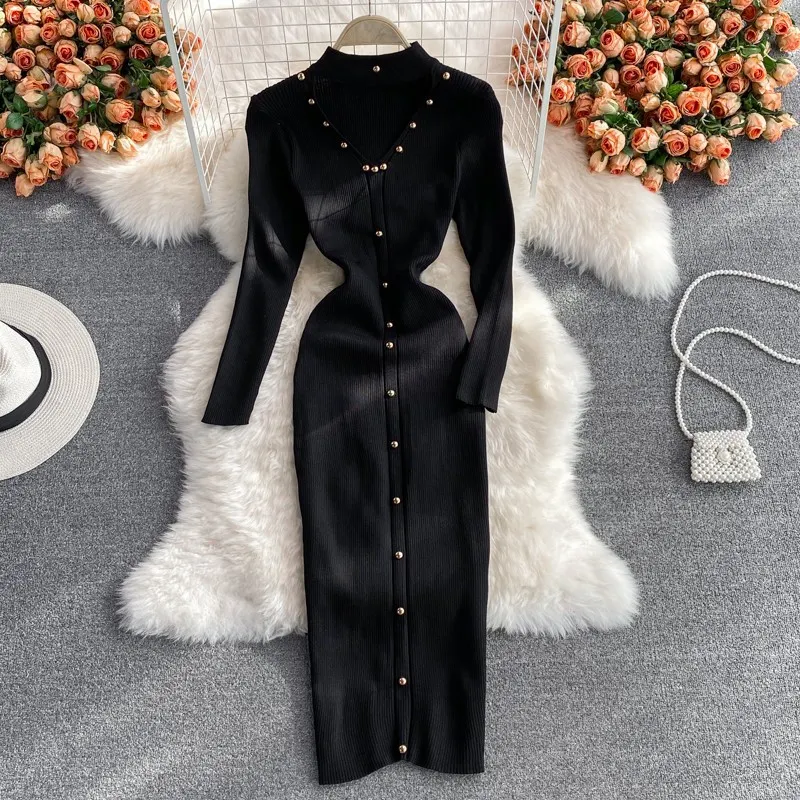 Long Sleeve Halter Neck V-Neck Elastic Knitting Dress Autumn Winter Chic Bodycon Long Dress
