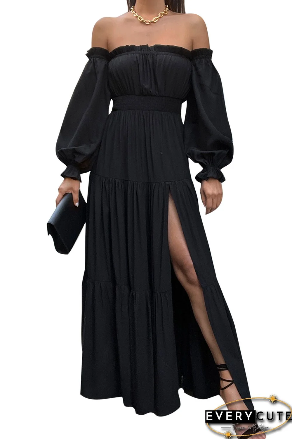 Black Frilled Off-the-shoulder Puff Sleeve Pleated Maxi Dress with Slit