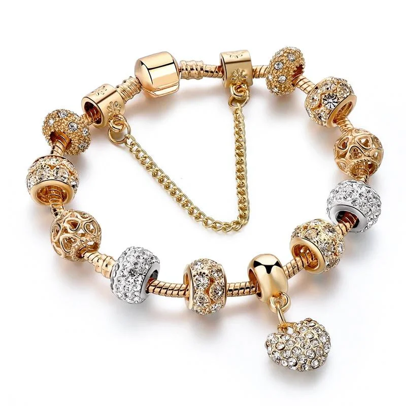 Bejeweled Crystal Heart Charm Bangle Bracelet