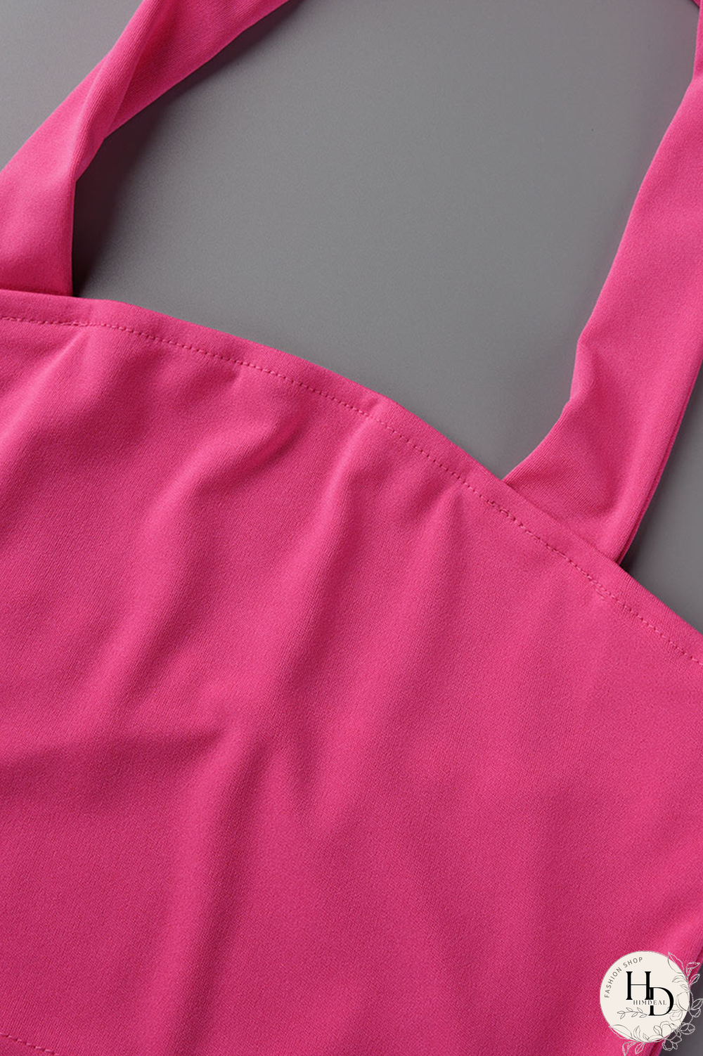 Rose Red Casual Solid Patchwork Halter Sleeveless Two Pieces