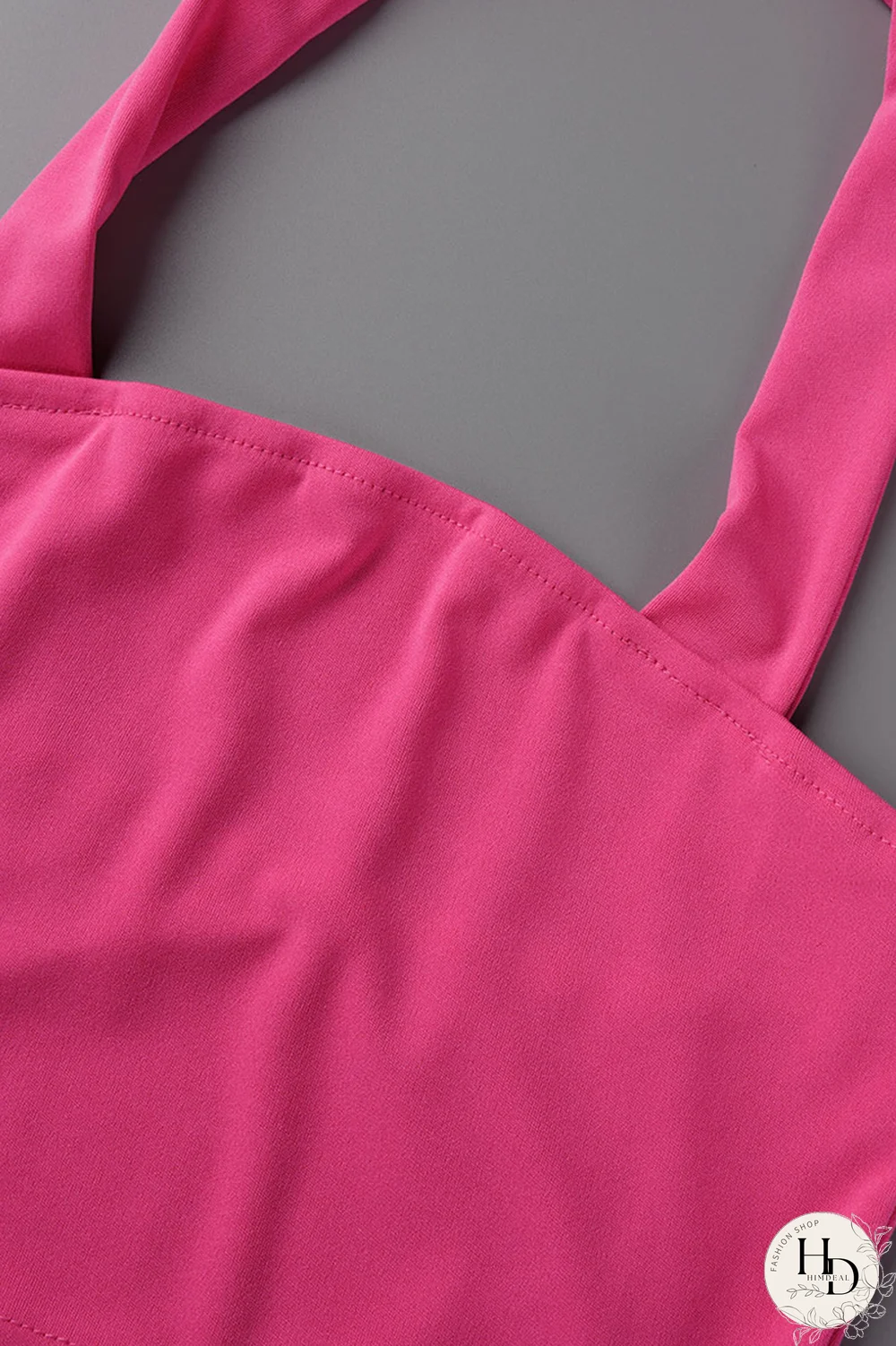 Rose Red Casual Solid Patchwork Halter Sleeveless Two Pieces