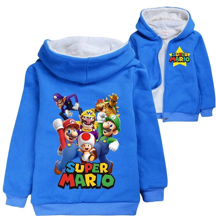 Mayoulove Super Mario Cartoon Game Print Boys Zip Up Fleece Lined Cotton Hoodie-Mayoulove