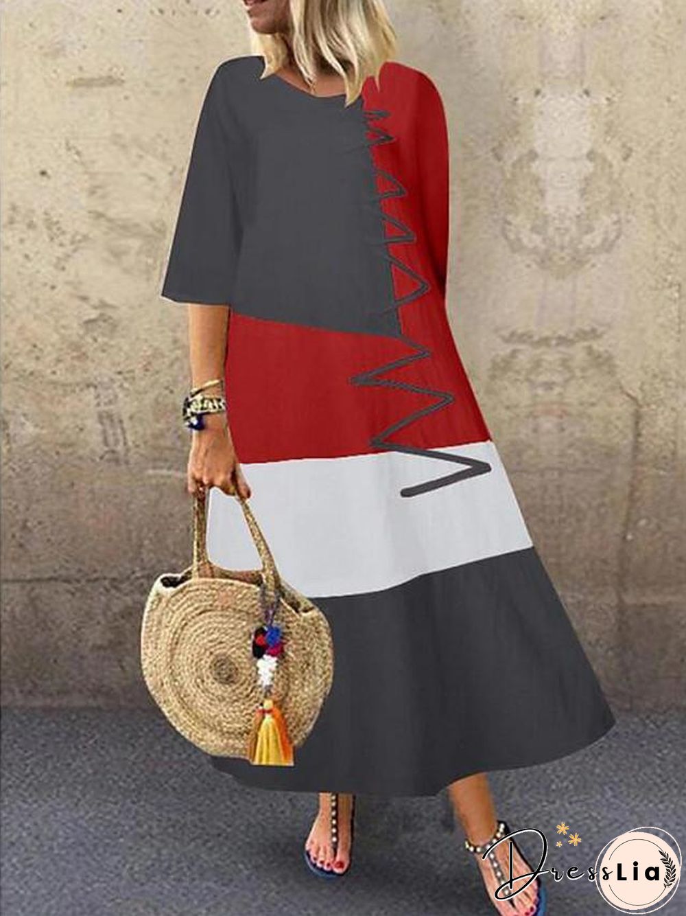 Women's Swing Dress Maxi long Dress Half Sleeve Color Block Patchwork Summer Hot Casual Cotton White Red Khaki Gray M L XL XXL 3XL 4XL 5XL White Dresses