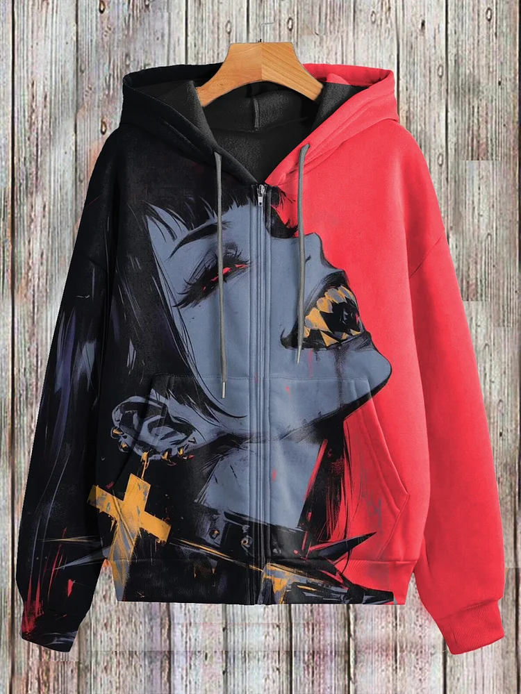 Women's Studded Punk Girl Color Splice Art Print Hooded Zip Up Jacket