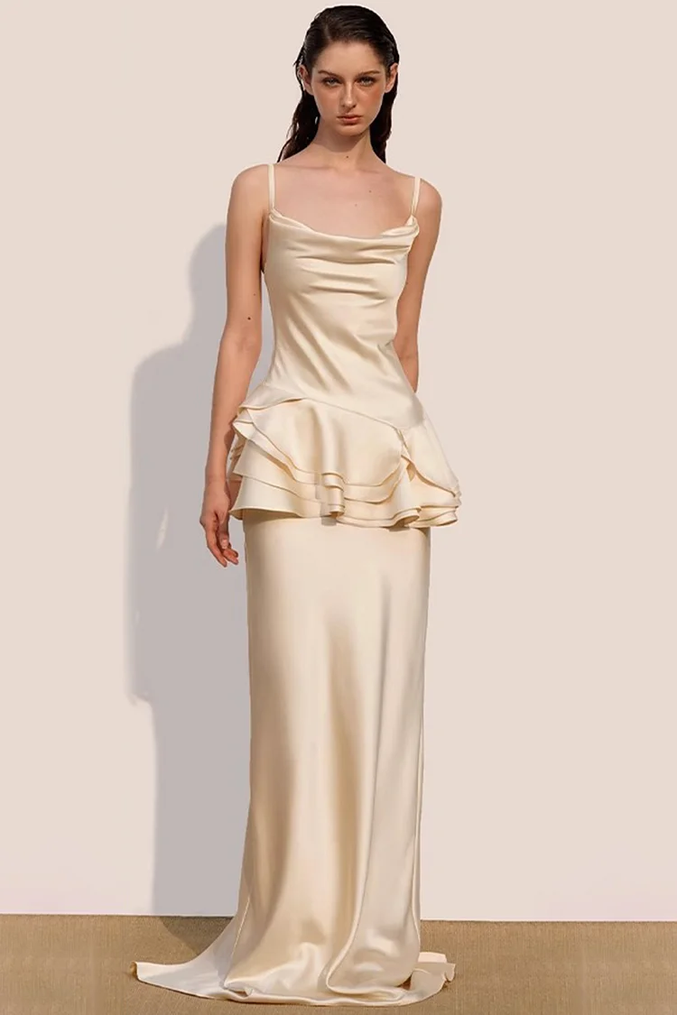 Evening Gown Champagne Cowl Neck Ruffle Cami Mermaid Maxi Dress