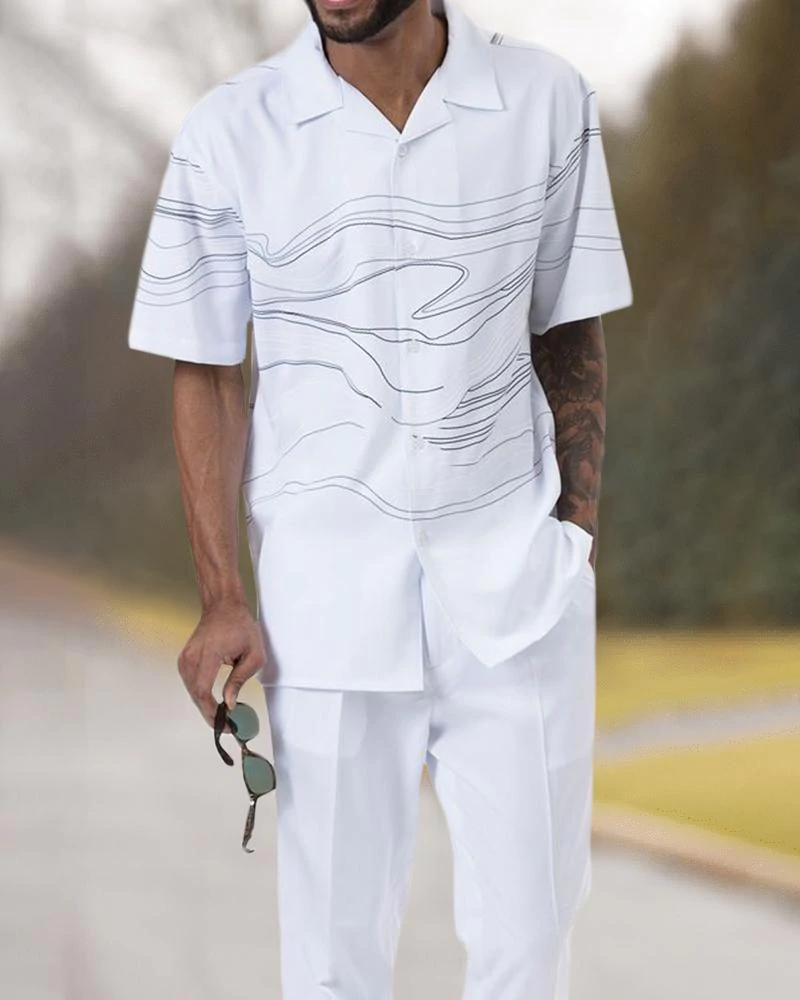 Two Piece Short Sleeve Print Walking Suit Set With Long Pants
