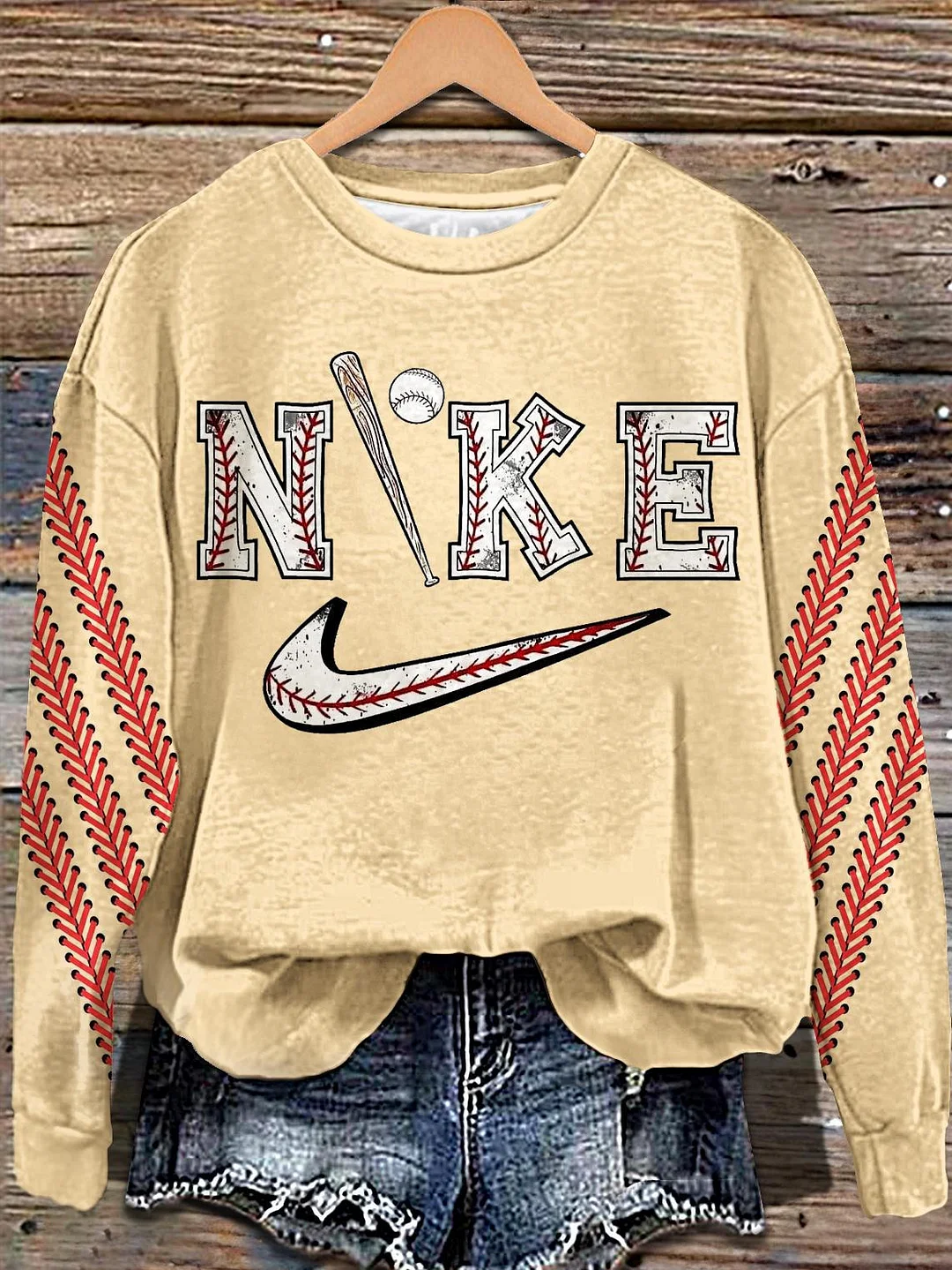Fashionable Retro Baseball Printed Long Sleeve Casual Top