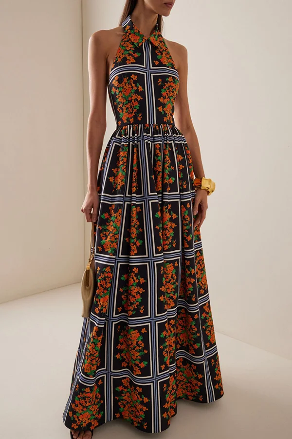 Floral Print Sexy Halter Neck Maxi Dress