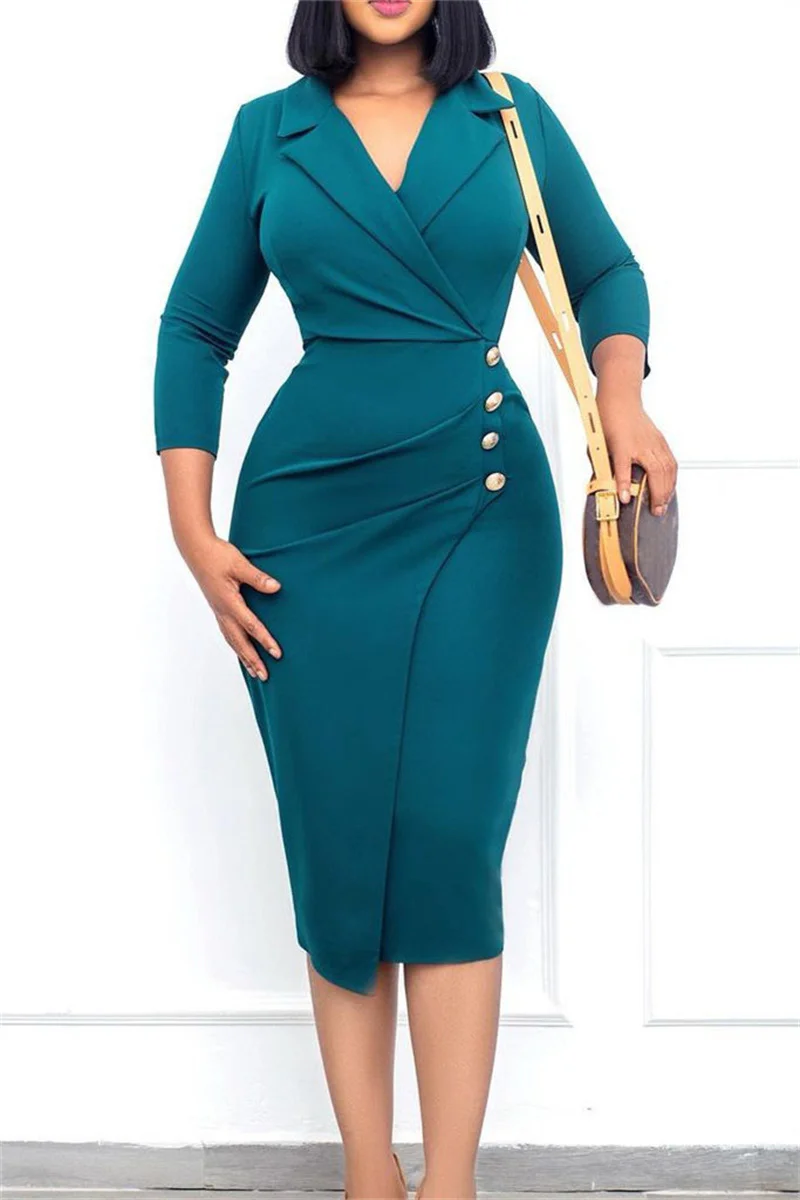Green Fashion Casual Solid Patchwork Turndown Collar Pencil Skirt Dresses | EGEMISS