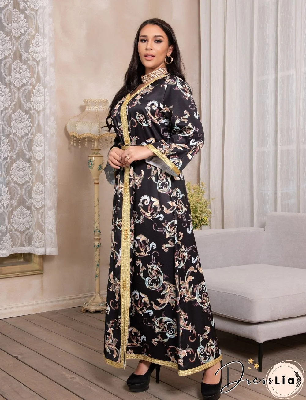 V Neck Long Sleeve Gold Belt Decorated Dress