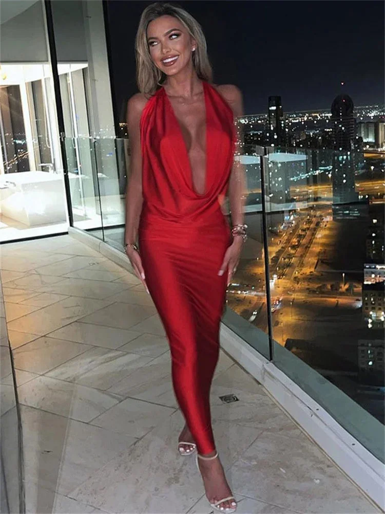 Huiketi V-Neck Satin Slim Vestidos For Women Red Halter Backless Sexy Evening Party Clubwear Dresses Ladies Bodycon Maxi Dress