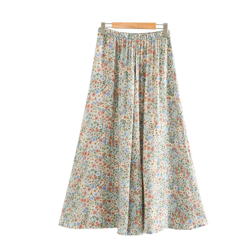 TRAF Women Chic Fashion Floral Print Pleated Midi Skirt Vintage High Elastic Waist Office Wear Female Skirts Mujer